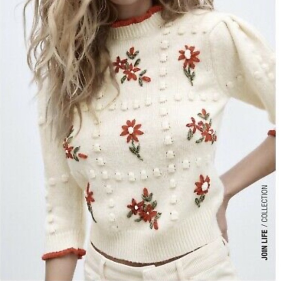 Zara Cream Sweater with Red Floral Embroidery - Picture 3 of 10